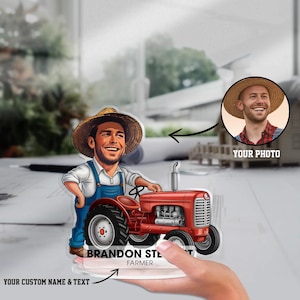 Custom Farmer And Tractor Figurine Trinket Caricature Portrait Desk Name Plate Personalized Acrylic Funny Cartoon Farming Plaque Gift