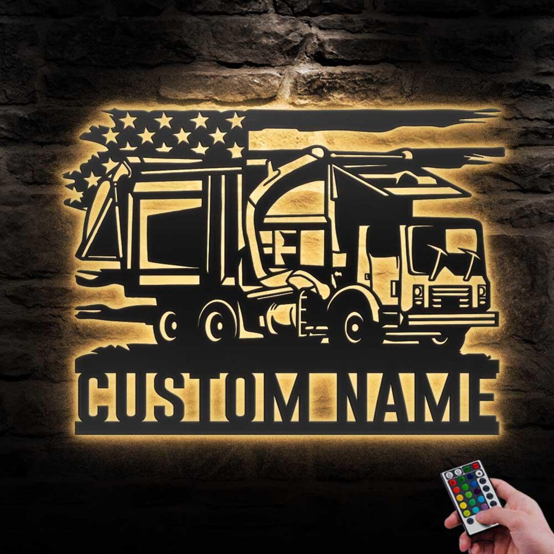 Custom US Garbage Truck Driver Metal Wall Art LED Light Personalized ...