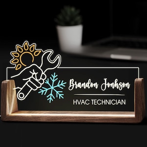 Custom HVAC Technician Desk Name Plate Personalized Heating Cooling Air Conditioning Repair Acrylic Wooden Light Office Gift Tabletop Decor