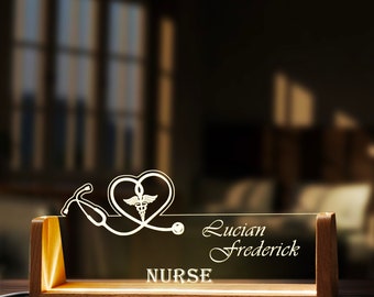 Custom Nurse Desk Name Plate Personalized Nurse Stethoscope LED Light Wooden Base Acrylic  Office Accessories Wood Name Sign Decor Gift