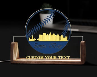 Custom Tampa Bay Baseball City Skyline Desk Name Plate Personalized Acrylic LED Light Wooden Base Sport Fan Gift Office Tabletop Sign Decor