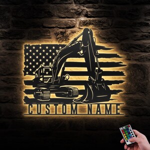 Custom US Excavator Driver Metal Wall Art LED Light Personalized Heavy Equipment Name Sign Home Decor Construction Man Cave Decoration