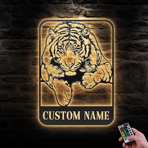 Custom Tiger Metal Wall Art LED Lights Personalized Tiger Lover Name Sign Home Decor Wild Animal Man Cave Decoration Housewarming Birthday