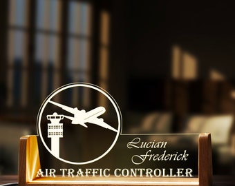 Custom Air Traffic Controller Desk Name Plate Personalized  LED Light Wooden Base Acrylic  Office Accessories Wood Name Sign Decor Gift