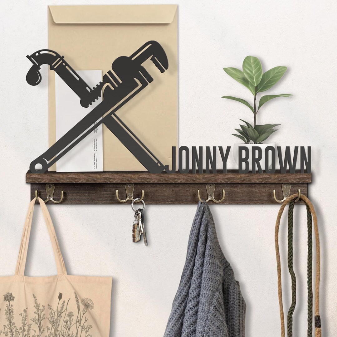 Custom Plumbing Wooden Metal Shelf With Hooks Personalized Plumber Gift ...