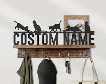 Custom Funny Cat Wooden Floating Shelf Metal Wall Art Sign Personalized Home Decor Pet Owner Cats Lovers Gift Entryway Organizer Key Holder