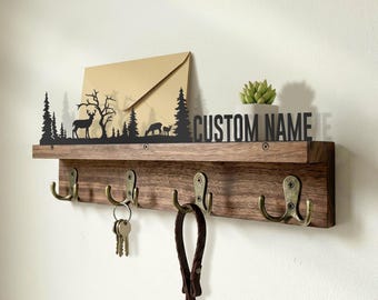 Custom Buck and Doe in Forest Wooden Shelf Metal Wall Art Personalized Family Deer Pine Tree Animal Lover Gift Home Decor Key Hook Holder