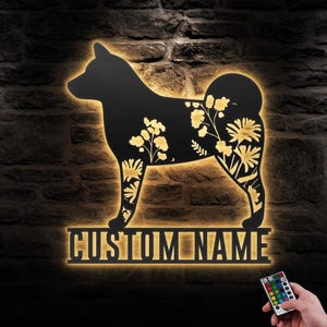 Custom FLoral Shiba Inu Dog Metal Wall Art LED Light Personalized WildFlower Dog Name Sign Home Decor Pet Animal Man Cave Decoration Gift