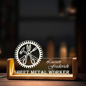 Placa de nombre de trabajador de chapa personalizada, trabajador de acero personalizado, luz LED, base de madera, accesorios acrílicos para oficina, nombre de madera, signo de decoración, regalo