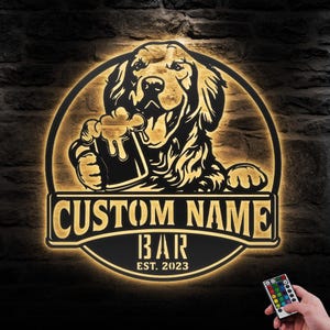 Custom Golden Retriever Thirsty Beer Pub Metal Wall Art LED Light Personalized Beer Bar Name Sign Home Decor Dog Beer Man Cave Decoration