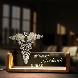 Custom Medical Symbol Desk Name Plate Personalized Nursing LED Light Wooden Base Acrylic Office Accessories Wood Name Sign Doctor Decor Gift