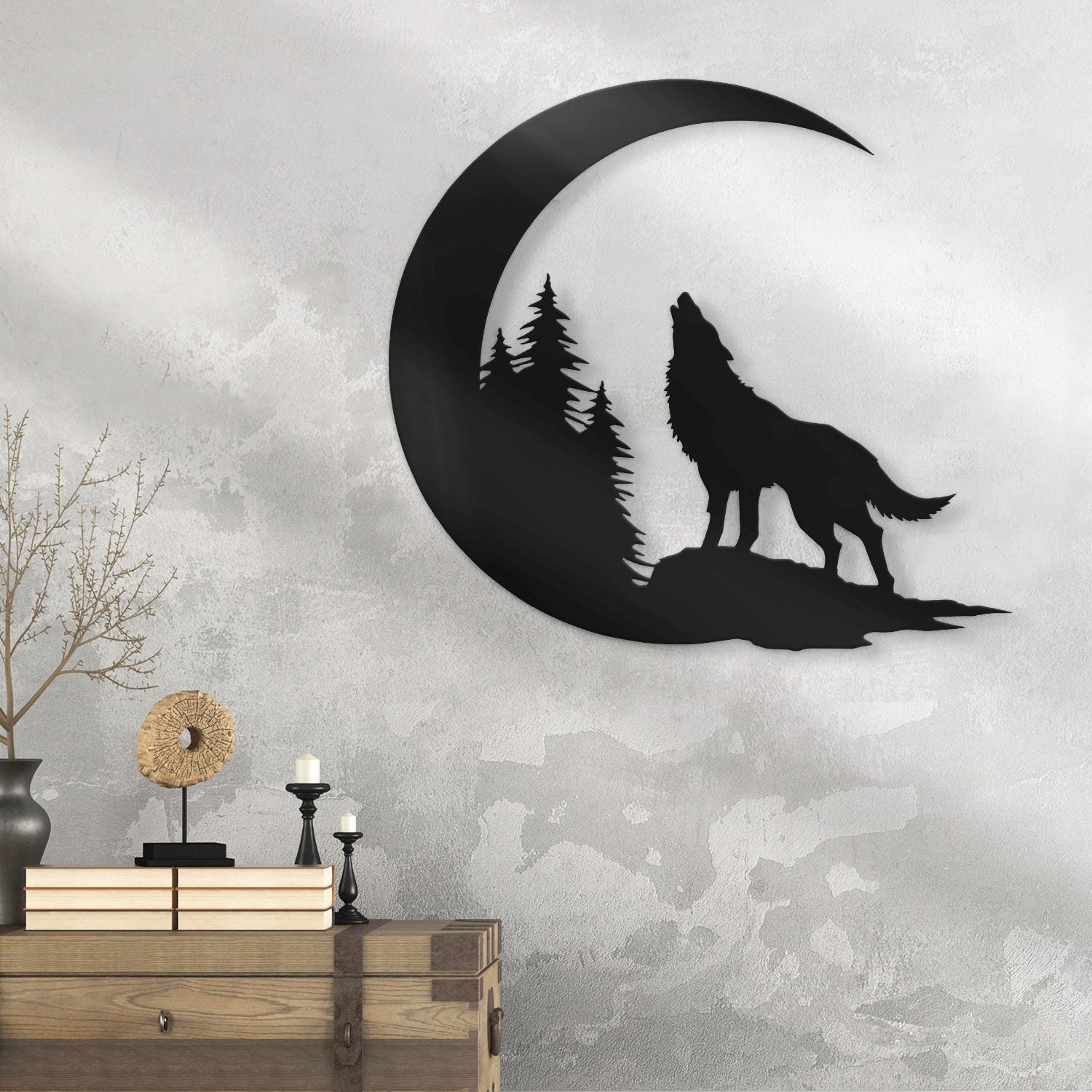 Wolf on the Moon Metal Wall Art LED Light Wolf Howling Sign Home Decor ...