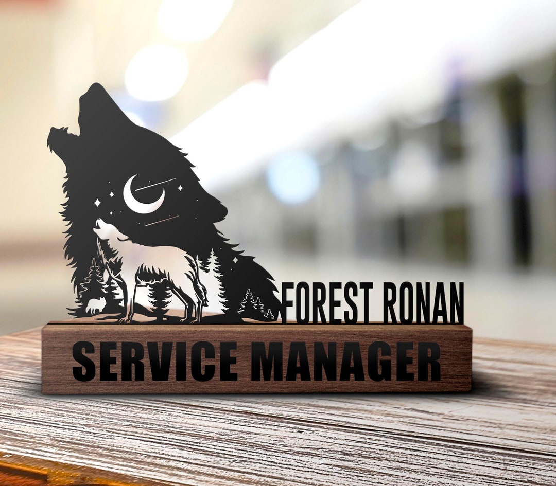 Custom Howling Wolf Desk Name Plate Wedge, Personalized Nameplate Wild