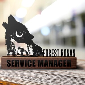 Custom Howling Wolf Desk Name Plate Wedge, Personalized Nameplate Wild Animal Lover Gift Office Sign Shelf Tabletop Company Plaque Decor