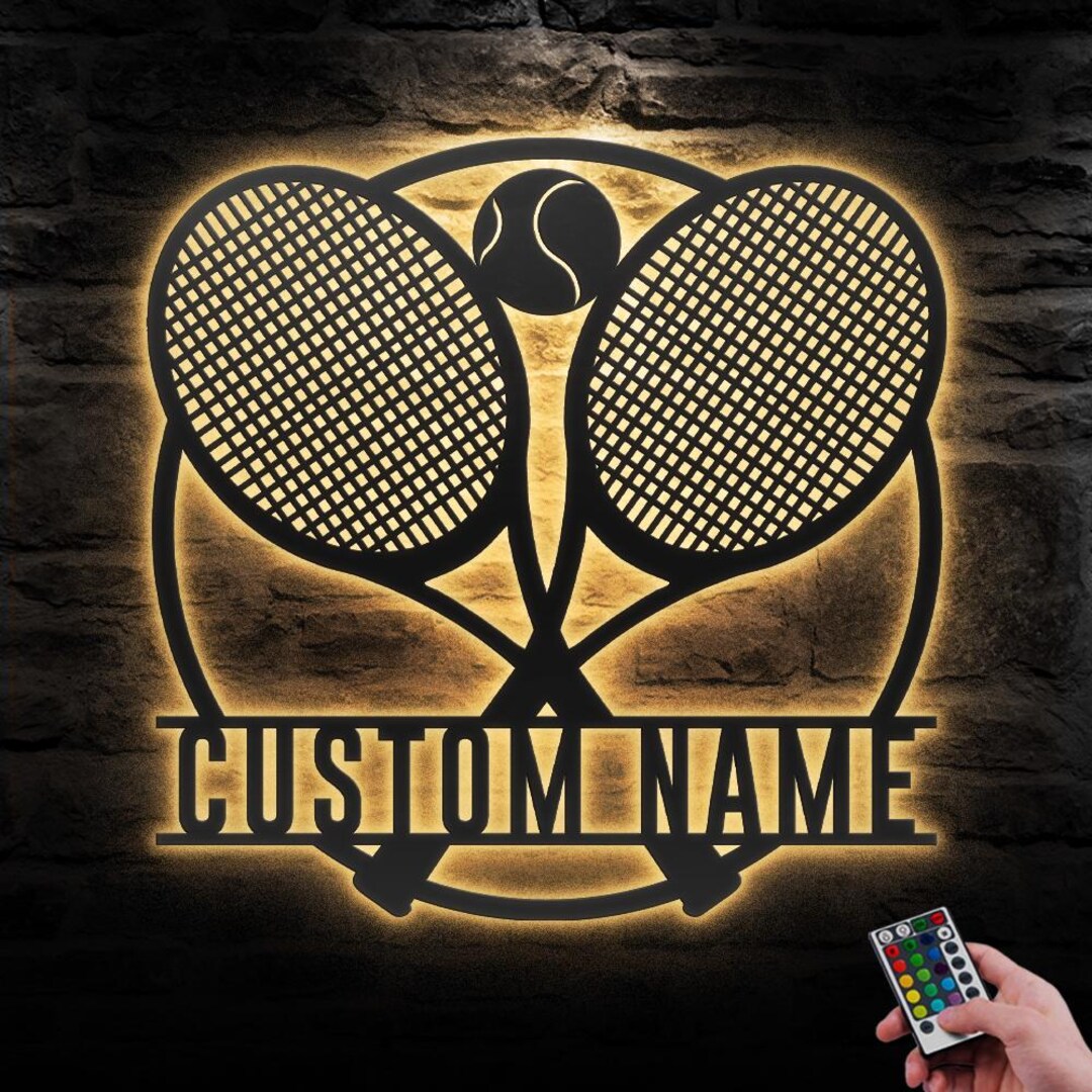 Tennis Racket Sign Custom Custom Ball Racket Tennis Metal Wall Art LED Light Personalized Player ...