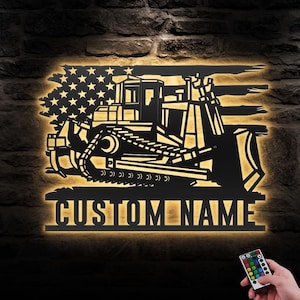 Custom US Bulldozer Driver Metal Wall Art LED Light Personalized Construction Vehicle Name Sign Home Decor Heavy Equipment Decoration
