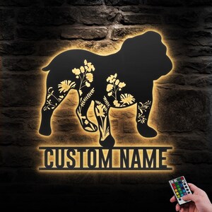 Custom FLoral  English Bulldog Metal Wall Art LED Light Personalized WildFlower Dog Name Sign Home Decor Pet Animal Man Cave Decoration