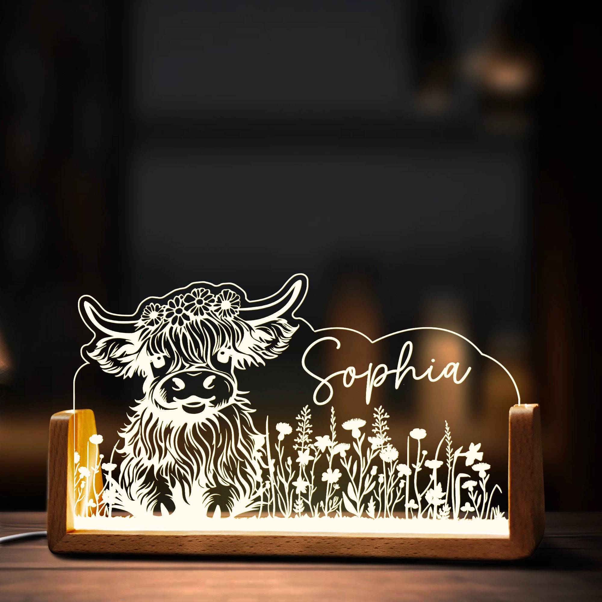 Highland Cow Resin Night Light – Cute 3D Animal Table Lamp With USB Charging Port, Soft Adjustable Glow For Kids' Room, Bedroom, Or Office (Yellow)