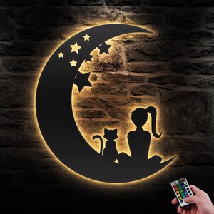 Girl And Cat On The Moon Metal Wall Art with LED Light Moon Cat Sign Home Decor Crescent Moon Decoration Man Cave Hanging Door Housewarming