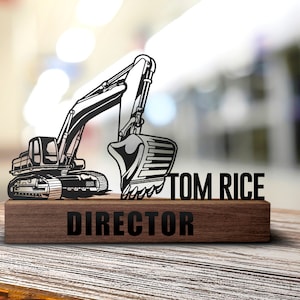 Custom Excavator Desk Name Plate Wedge, Personalized Nameplate Office Sign Company Shelf Tabletop Plaque Heavy Equipment Construction Decor