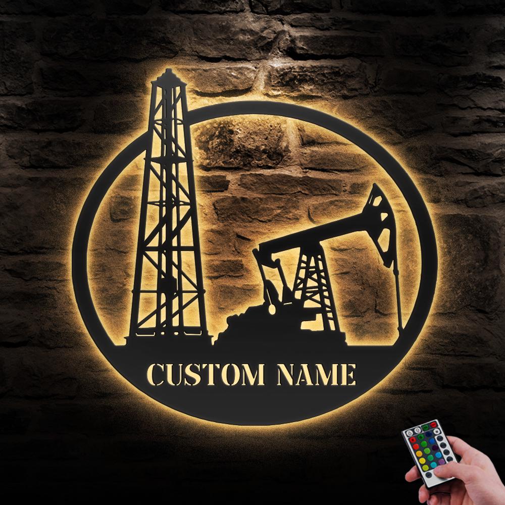 Custom Oil Field Hanger Metal Wall Art LED Light Personalized Oil Rig Derrickhand Name Sign Home Decor Derrickman Decoration Man Cave Gift