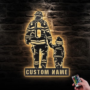 Custom Father Son Firefighter Metal Wall Art LED Light Personalized Fireman Name Sign Home Decor Fire Department Man Cave Decoration Gift