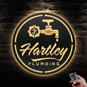Custom Plumbing Metal Wall Art LED Light Personalized Plumber Name Sign Home Decor Repair Service Decoration Repairman Man Cave Dad Birthday
