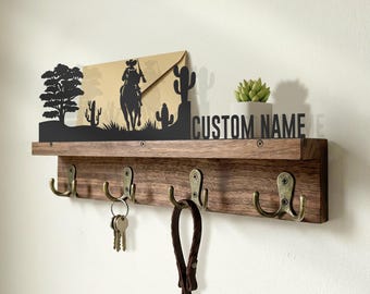 Custom Western Cowboy Wooden Floating Shelf Metal Wall Art Personalized Equestrian Gift Entryway Organizer Man Cave Home Decor Key Holder