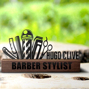 Custom Barber Desk Name Plate Wedge Personalized Hair Stylist Hair Dresser Nameplate Office Sign Shelf Tabletop Barbershop Gift Plaque Decor