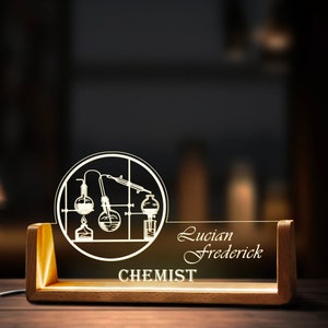 Custom Chemistry Teacher Desk Name Plate Personalized Chemistr LED Light Wooden Base Acrylic Office Accessories Wood Name Sign Decor Gift image 4