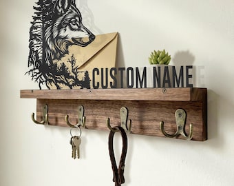 Custom Abstract Tree Wolf Metal Art Wooden Shelf: Personalized Key Holder Organizer
