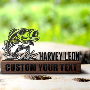 Custom Bass Fish Desk Name Plate Wedge Personalized Fisher Nameplate Executive Office Sign Company Shelf Tabletop Fishing Decor