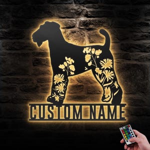 Custom FLoral Airedale Terriers Metal Wall Art LED Light Personalized WildFlower Dog Name Sign Home Decor Pet Animal Decoration Christmas