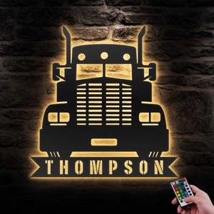 Custom Semi Truck Driver Metal Wall Art LED Light Personalized Trucker Name Sign Home Decor 18 Wheeler Decoration Big Rig Dad Christmas Gift