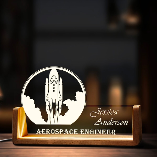 Custom Aerospace Engineer Desk Name Plate Personalized Aircraft LED Light Wooden Base Acrylic Office Accessories Wood Name Sign Decor Gift