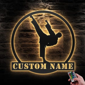 Custom Boy Taekwondo Martial Arts Metal Wall Art with LED Light Personalized Kid Tae Kwon Do Name Sign Home Taekwon-Do Korean Decoration