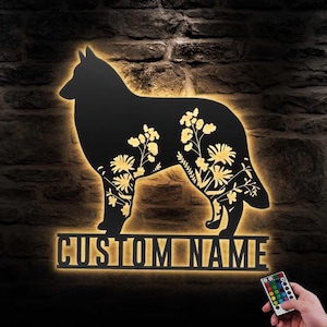 Custom FLoral Belgian Tervuren Metal Wall Art LED Light Personalized WildFlower Dog Name Sign Home Decor Pet Animal Decoration Christmas