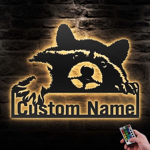 Custom Raccoon Metal Wall Art with LED Light Personalized Woodland Animal Sign Home Decor Nursery Decoration Man Cave Hanging Christmas Xmas