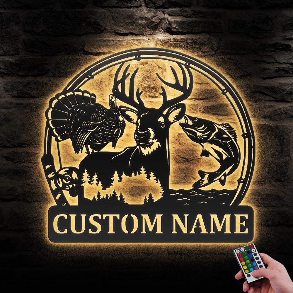 Custom Deer Turkey Bass Fishing Metal Wall Art LED Light Personalized Hunter Name Sign Home Decor Cabin Decoration Man Cave Dad Christmas