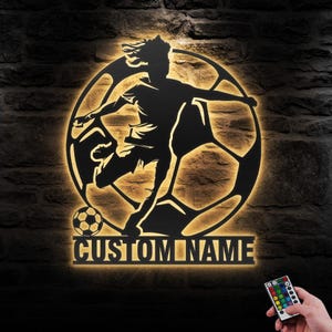 Custom Female Soccer Metal Wall Art LED Light Personalized Girl Football Player Lover Sign Home Decor Kid Nursery Decoration Mom Birthday