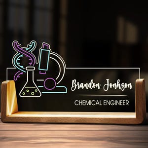 Custom Chemical Engineer Desk Name Plate Personalized Chemistry Teacher Chemist Gift Acrylic Lamp Wooden Led Light Office Tabletop Decor