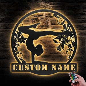 Custom Female Gymnastics Metal Wall Art LED Light Personalized Girl Gymnast Name Sign Home Decor Tumbling Cheerleading Fitness Decoration