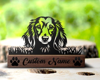 Plaque signalétique de bureau personnalisée pour chien teckel à poil long, plaque signalétique personnalisée pour chien peeking, enseigne de bureau étagère d'entreprise propriétaire de chien de table