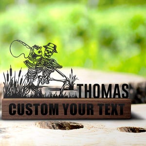 Custom Skeleton Fisherman Desk Name Plate Wedge Personalized Fishing Nameplate Office Sign Shelf Tabletop Halloween Decor Dad Birthday Gift