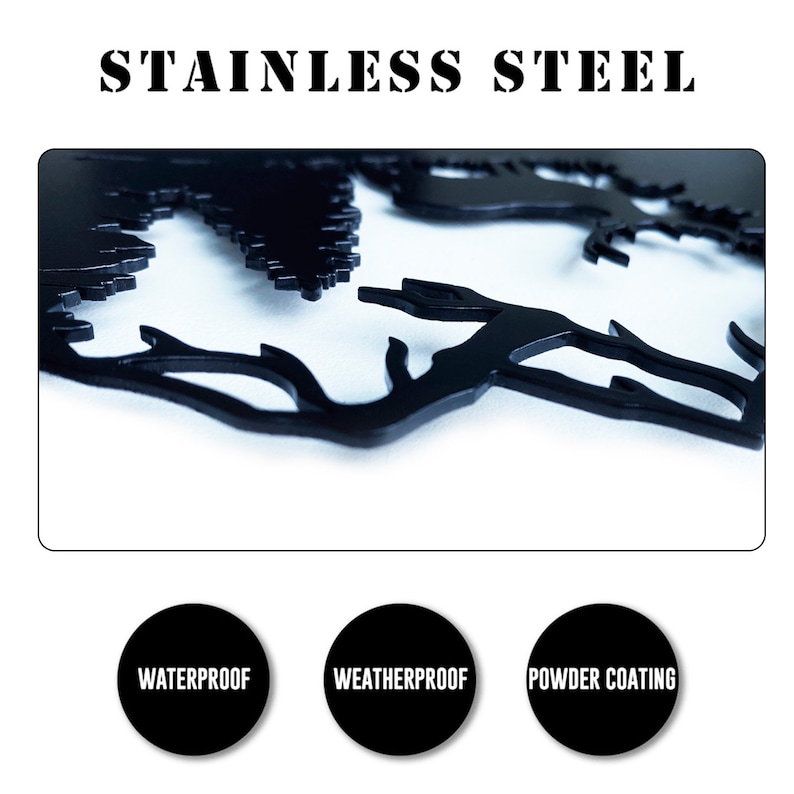May include: Close-up of a black metal silhouette of a tree with branches. The metal is made of stainless steel and has a powder coating. The words "Waterproof", "Weatherproof", and "Powder Coating" are visible in the image.
