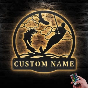 Custom Water Skiing Metal Wall Art LED Light Personalized Wakeboarding Name Sign Home Decor Wakeboard Water Ski Decoration Slalom Water Ski