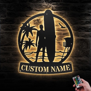 Custom Wave Surfing Metal Wall Art LED Light Personalized Surfer Riding Wave Name Sign Home Decor Surfboard Man Cave Decoration Birthday