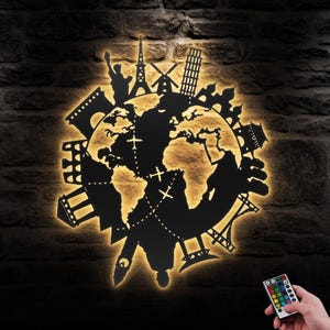 Arte de pared de metal de fama mundial con luz LED, letrero de monumentos del mundo, decoración, mapa de viajes del mundo, decoración del hogar, oficina, inauguración de la casa, Navidad