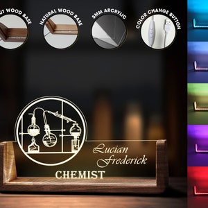 Custom Chemistry Teacher Desk Name Plate Personalized Chemistr LED Light Wooden Base Acrylic Office Accessories Wood Name Sign Decor Gift image 2