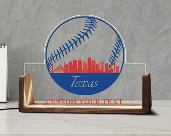Custom Texas Baseball City Skyline Desk Name Plate Personalized Acrylic LED Light Wooden Base Sport Fan Gift Office Accessories Sign Decor